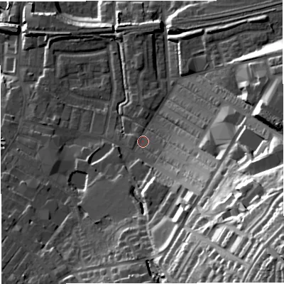 Shaded relief map of the ground around BB50EY, computed from Environment Agency LiDAR. The ground here sits at about 138 m above sea level and falls 66 m across the surrounding 800 m. Surface water reaching this point runs off ground lying to the south-east, 51.9 m higher.
