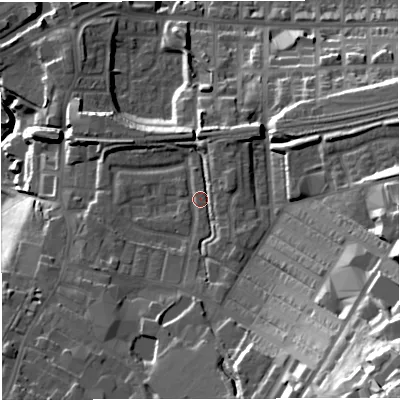 Shaded relief map of the ground around BB50FA, computed from Environment Agency LiDAR. The ground here sits at about 136 m above sea level and falls 56 m across the surrounding 800 m. Surface water reaching this point runs off ground lying to the south, 4.4 m higher.