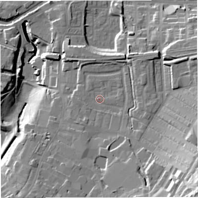 Shaded relief map of the ground around BB50FB, computed from Environment Agency LiDAR. The ground here sits at about 135 m above sea level and falls 47 m across the surrounding 800 m. Surface water reaching this point runs off ground lying to the south-east, 30.6 m higher.