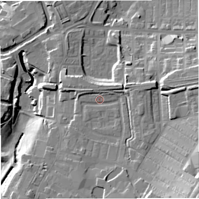 Shaded relief map of the ground around BB50FD, computed from Environment Agency LiDAR. The ground here sits at about 134 m above sea level and falls 43 m across the surrounding 800 m. Surface water reaching this point runs off ground lying to the south-east, 14.5 m higher.
