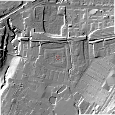 Shaded relief map of the ground around BB50FE, computed from Environment Agency LiDAR. The ground here sits at about 135 m above sea level and falls 49 m across the surrounding 800 m. Surface water reaching this point runs off ground lying to the south-east, 29.4 m higher.