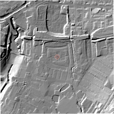 Shaded relief map of the ground around BB50FG, computed from Environment Agency LiDAR. The ground here sits at about 135 m above sea level and falls 48 m across the surrounding 800 m. Surface water reaching this point runs off ground lying to the south-east, 31.9 m higher.
