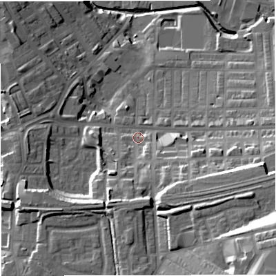Shaded relief map of the ground around BB50FW, computed from Environment Agency LiDAR. The ground here sits at about 127 m above sea level and falls 44 m across the surrounding 800 m. Surface water reaching this point runs off ground lying to the south-east, 28.9 m higher.