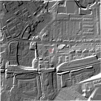 Shaded relief map of the ground around BB50FY, computed from Environment Agency LiDAR. The ground here sits at about 128 m above sea level and falls 45 m across the surrounding 800 m. Surface water reaching this point runs off ground lying to the south-east, 30.0 m higher.