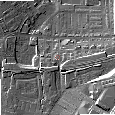 Shaded relief map of the ground around BB50HL, computed from Environment Agency LiDAR. The ground here sits at about 133 m above sea level and falls 46 m across the surrounding 800 m. Surface water reaching this point runs off ground lying to the south-east, 31.2 m higher.