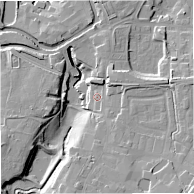 Shaded relief map of the ground around BB50HP, computed from Environment Agency LiDAR. The ground here sits at about 132 m above sea level and falls 28 m across the surrounding 800 m. Surface water reaching this point runs off ground lying to the south-south-east, 3.7 m higher.