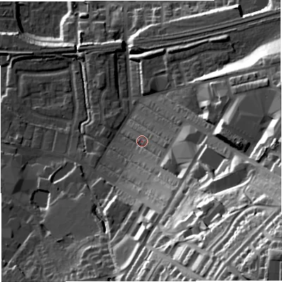 Shaded relief map of the ground around BB50HQ, computed from Environment Agency LiDAR. The ground here sits at about 141 m above sea level and falls 68 m across the surrounding 800 m. Surface water reaching this point runs off ground lying to the south-east, 9.7 m higher.