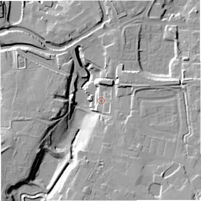 Shaded relief map of the ground around BB50HS, computed from Environment Agency LiDAR. The ground here sits at about 131 m above sea level and falls 27 m across the surrounding 800 m. Surface water reaching this point runs off ground lying to the north-north-east, 12.1 m higher.