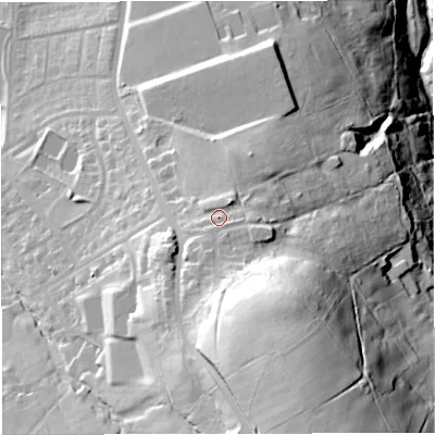 Shaded relief map of the ground around BB50NT, computed from Environment Agency LiDAR. The ground here sits at about 221 m above sea level and falls 101 m across the surrounding 800 m. Surface water reaching this point runs off ground lying to the south-south-east, 28.4 m higher.
