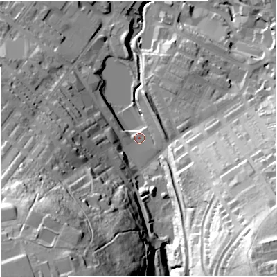 Shaded relief map of the ground around BB50PG, computed from Environment Agency LiDAR. The ground here sits at about 148 m above sea level and falls 70 m across the surrounding 800 m. Surface water reaching this point runs off ground lying to the south-south-west, 56.4 m higher.