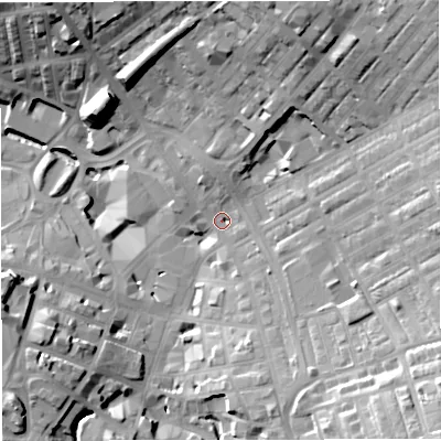 Shaded relief map of the ground around BB51AA, computed from Environment Agency LiDAR. The ground here sits at about 137 m above sea level and falls 34 m across the surrounding 800 m. Surface water reaching this point runs off ground lying to the north-east, 24.4 m higher.