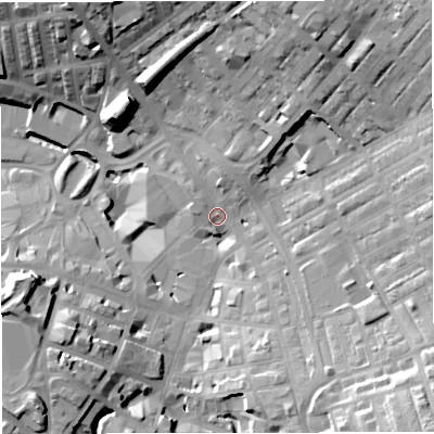 Shaded relief map of the ground around BB51AD, computed from Environment Agency LiDAR. The ground here sits at about 136 m above sea level and falls 32 m across the surrounding 800 m. Surface water reaching this point runs off ground lying to the north-east, 24.2 m higher.