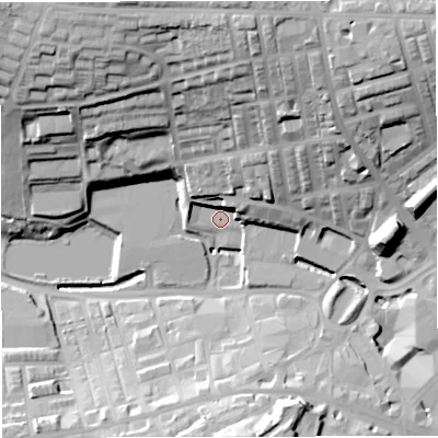 Shaded relief map of the ground around BB51DD, computed from Environment Agency LiDAR. The ground here sits at about 129 m above sea level and falls 43 m across the surrounding 800 m. Surface water reaching this point runs off ground lying to the north, 34.6 m higher.