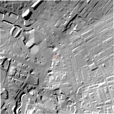 Shaded relief map of the ground around BB51DZ, computed from Environment Agency LiDAR. The ground here sits at about 136 m above sea level and falls 37 m across the surrounding 800 m. Surface water reaching this point runs off ground lying to the south-east, 5.4 m higher.