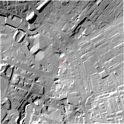 Shaded relief map of the ground around BB51EA, computed from Environment Agency LiDAR. The ground here sits at about 135 m above sea level and falls 35 m across the surrounding 800 m. Surface water reaching this point runs off ground lying to the south-east, 25.1 m higher.