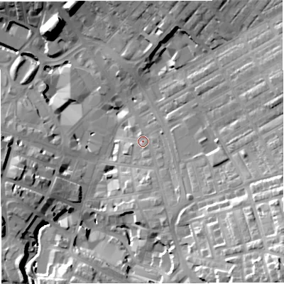 Shaded relief map of the ground around BB51EB, computed from Environment Agency LiDAR. The ground here sits at about 138 m above sea level and falls 39 m across the surrounding 800 m. Surface water reaching this point runs off ground lying to the south-south-east, 7.2 m higher.