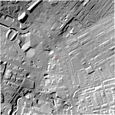 Shaded relief map of the ground around BB51ED, computed from Environment Agency LiDAR. The ground here sits at about 138 m above sea level and falls 40 m across the surrounding 800 m. Surface water reaching this point runs off ground lying to the south-east, 28.6 m higher.