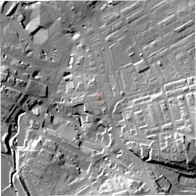 Shaded relief map of the ground around BB51EE, computed from Environment Agency LiDAR. The ground here sits at about 144 m above sea level and falls 39 m across the surrounding 800 m. Surface water reaching this point runs off ground lying to the south-south-east, 2.0 m higher.