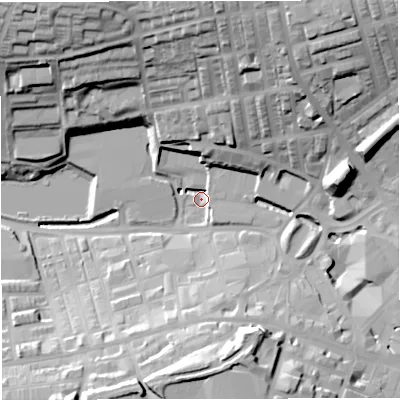 Shaded relief map of the ground around BB51EF, computed from Environment Agency LiDAR. The ground here sits at about 126 m above sea level and falls 42 m across the surrounding 800 m. Surface water reaching this point runs off ground lying to the north-east, 38.3 m higher.