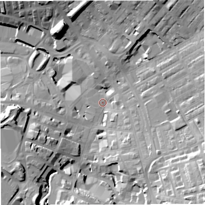 Shaded relief map of the ground around BB51EG, computed from Environment Agency LiDAR. The ground here sits at about 134 m above sea level and falls 34 m across the surrounding 800 m. Surface water reaching this point runs off ground lying to the south-east, 24.6 m higher.