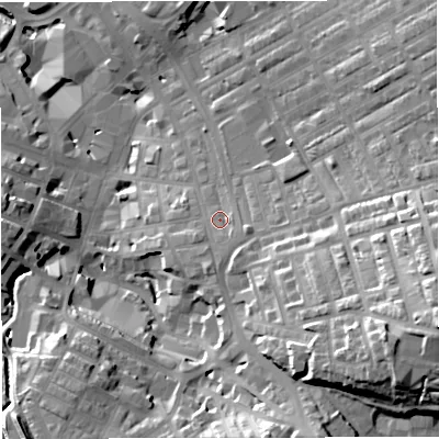 Shaded relief map of the ground around BB51EH, computed from Environment Agency LiDAR. The ground here sits at about 143 m above sea level and falls 41 m across the surrounding 800 m. Surface water reaching this point runs off ground lying to the south-east, 3.6 m higher.