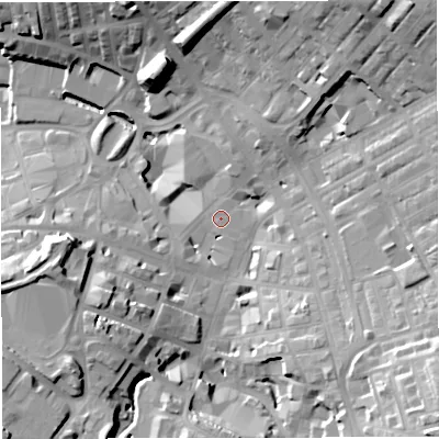 Shaded relief map of the ground around BB51EJ, computed from Environment Agency LiDAR. The ground here sits at about 134 m above sea level and falls 32 m across the surrounding 800 m. Surface water reaching this point runs off ground lying to the south-east, 25.8 m higher.