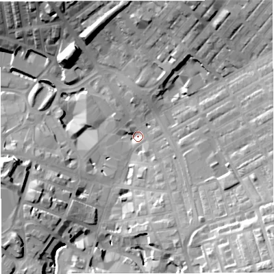 Shaded relief map of the ground around BB51EP, computed from Environment Agency LiDAR. The ground here sits at about 134 m above sea level and falls 33 m across the surrounding 800 m. Surface water reaching this point runs off ground lying to the north-east, 25.1 m higher.