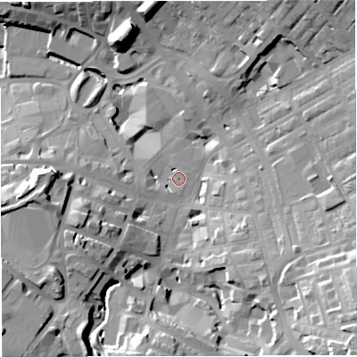 Shaded relief map of the ground around BB51ER, computed from Environment Agency LiDAR. The ground here sits at about 134 m above sea level and falls 34 m across the surrounding 800 m. Surface water reaching this point runs off ground lying to the south-east, 26.8 m higher.