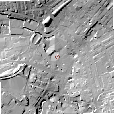 Shaded relief map of the ground around BB51ES, computed from Environment Agency LiDAR. The ground here sits at about 133 m above sea level and falls 31 m across the surrounding 800 m. Surface water reaching this point runs off ground lying to the north-east, 23.6 m higher.