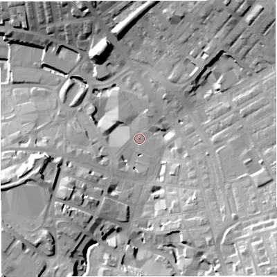 Shaded relief map of the ground around BB51ET, computed from Environment Agency LiDAR. The ground here sits at about 134 m above sea level and falls 31 m across the surrounding 800 m. Surface water reaching this point runs off ground lying to the south-east, 23.2 m higher.