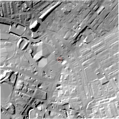 Shaded relief map of the ground around BB51EW, computed from Environment Agency LiDAR. The ground here sits at about 135 m above sea level and falls 32 m across the surrounding 800 m. Surface water reaching this point runs off ground lying to the north-east, 24.5 m higher.