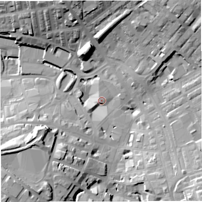Shaded relief map of the ground around BB51EX, computed from Environment Agency LiDAR. The ground here sits at about 134 m above sea level and falls 32 m across the surrounding 800 m. Surface water reaching this point runs off ground lying to the north-east, 24.0 m higher.