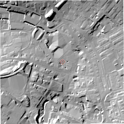 Shaded relief map of the ground around BB51EY, computed from Environment Agency LiDAR. The ground here sits at about 134 m above sea level and falls 33 m across the surrounding 800 m. Surface water reaching this point runs off ground lying to the south-east, 25.3 m higher.