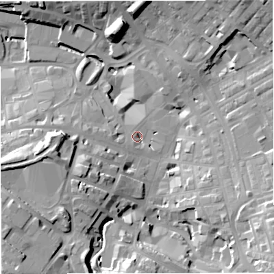 Shaded relief map of the ground around BB51EZ, computed from Environment Agency LiDAR. The ground here sits at about 133 m above sea level and falls 32 m across the surrounding 800 m. Surface water reaching this point runs off ground lying to the south-west, 24.4 m higher.