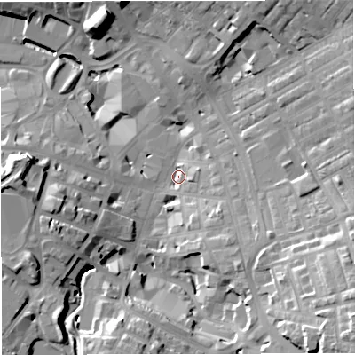 Shaded relief map of the ground around BB51HB, computed from Environment Agency LiDAR. The ground here sits at about 135 m above sea level and falls 35 m across the surrounding 800 m. Surface water reaching this point runs off ground lying to the east-south-east, 7.3 m higher.