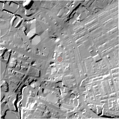 Shaded relief map of the ground around BB51HD, computed from Environment Agency LiDAR. The ground here sits at about 138 m above sea level and falls 37 m across the surrounding 800 m. Surface water reaching this point runs off ground lying to the south-south-east, 9.1 m higher.