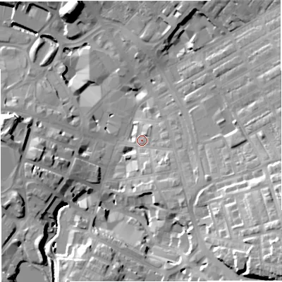 Shaded relief map of the ground around BB51HE, computed from Environment Agency LiDAR. The ground here sits at about 137 m above sea level and falls 36 m across the surrounding 800 m. Surface water reaching this point runs off ground lying to the south-east, 9.8 m higher.
