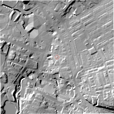 Shaded relief map of the ground around BB51HF, computed from Environment Agency LiDAR. The ground here sits at about 139 m above sea level and falls 37 m across the surrounding 800 m. Surface water reaching this point runs off ground lying to the south-east, 8.7 m higher.