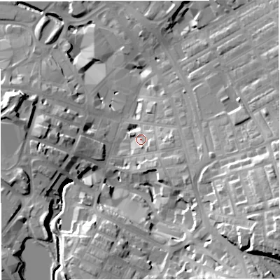 Shaded relief map of the ground around BB51HJ, computed from Environment Agency LiDAR. The ground here sits at about 137 m above sea level and falls 35 m across the surrounding 800 m. Surface water reaching this point runs off ground lying to the east-south-east, 6.2 m higher.