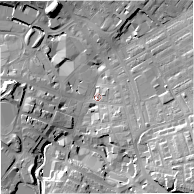 Shaded relief map of the ground around BB51HL, computed from Environment Agency LiDAR. The ground here sits at about 136 m above sea level and falls 35 m across the surrounding 800 m. Surface water reaching this point runs off ground lying to the south-east, 10.2 m higher.
