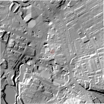 Shaded relief map of the ground around BB51HN, computed from Environment Agency LiDAR. The ground here sits at about 140 m above sea level and falls 36 m across the surrounding 800 m. Surface water reaching this point runs off ground lying to the east-south-east, 6.8 m higher.