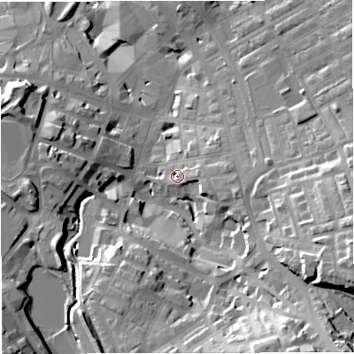 Shaded relief map of the ground around BB51HR, computed from Environment Agency LiDAR. The ground here sits at about 138 m above sea level and falls 37 m across the surrounding 800 m. Surface water reaching this point runs off ground lying to the east, 6.9 m higher.
