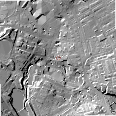 Shaded relief map of the ground around BB51HS, computed from Environment Agency LiDAR. The ground here sits at about 136 m above sea level and falls 37 m across the surrounding 800 m. Surface water reaching this point runs off ground lying to the east, 8.0 m higher.