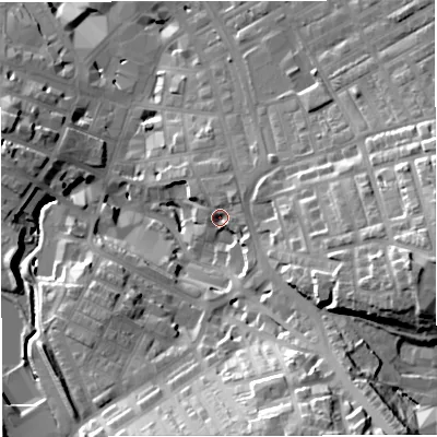 Shaded relief map of the ground around BB51HT, computed from Environment Agency LiDAR. The ground here sits at about 141 m above sea level and falls 43 m across the surrounding 800 m. Surface water reaching this point runs off ground lying to the north-north-east, 5.8 m higher.