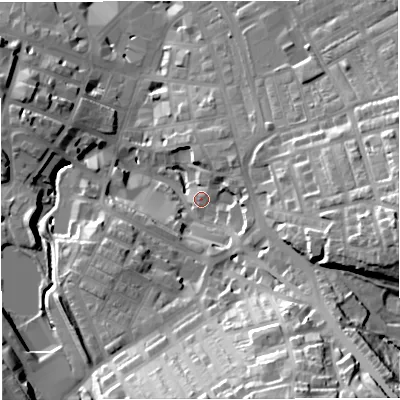 Shaded relief map of the ground around BB51HU, computed from Environment Agency LiDAR. The ground here sits at about 140 m above sea level and falls 45 m across the surrounding 800 m. Surface water reaching this point runs off ground lying to the east, 26.9 m higher.