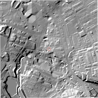 Shaded relief map of the ground around BB51HW, computed from Environment Agency LiDAR. The ground here sits at about 138 m above sea level and falls 35 m across the surrounding 800 m. Surface water reaching this point runs off ground lying to the east, 7.9 m higher.