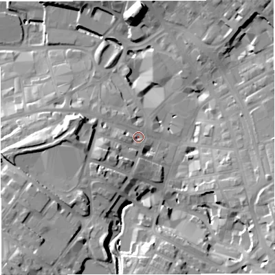 Shaded relief map of the ground around BB51JJ, computed from Environment Agency LiDAR. The ground here sits at about 135 m above sea level and falls 38 m across the surrounding 800 m. Surface water reaching this point runs off ground lying to the west-south-west, 10.1 m higher.
