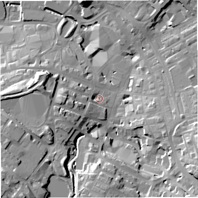 Shaded relief map of the ground around BB51JR, computed from Environment Agency LiDAR. The ground here sits at about 135 m above sea level and falls 37 m across the surrounding 800 m. Surface water reaching this point runs off ground lying to the west-south-west, 13.0 m higher.