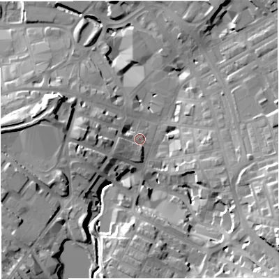 Shaded relief map of the ground around BB51JT, computed from Environment Agency LiDAR. The ground here sits at about 135 m above sea level and falls 36 m across the surrounding 800 m. Surface water reaching this point runs off ground lying to the south-west, 5.2 m higher.