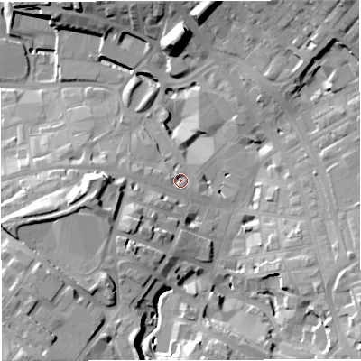Shaded relief map of the ground around BB51JY, computed from Environment Agency LiDAR. The ground here sits at about 134 m above sea level and falls 33 m across the surrounding 800 m. Surface water reaching this point runs off ground lying to the west-south-west, 2.5 m higher.